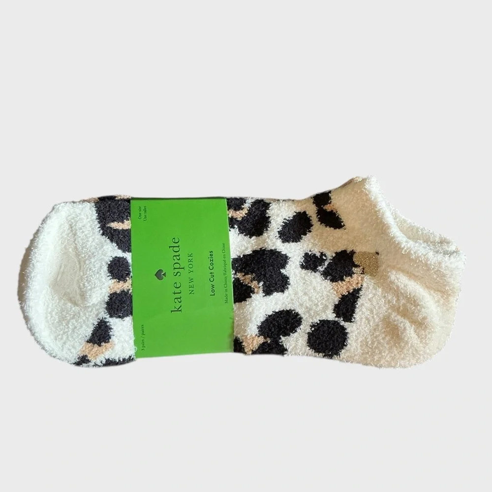Kate Spade 3-Pack Fuzzy Ankle Socks Women’s Leopard Cozy Lounge NWT